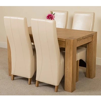 Image of Oak FURNITURE KING Kuba 125 x 80cm Small Dining Table &amp; 4 Chairs Set (Lola Ivory Leather)