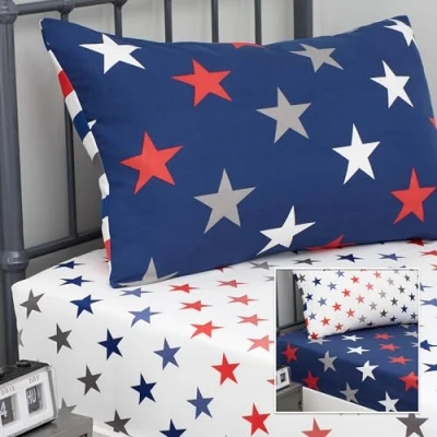Image of Catherine Lansfield So Soft Stripes and Stars Double Fitted Sheets Two Pack White Blue