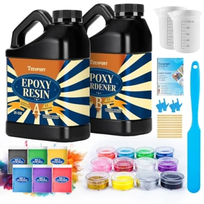 Image of Teexpert Epoxy Resin Kit 1.2L, Clear and Hardener with 6 Mica Powder &amp; 12 Glitters, High Gloss Casting Bubble Free, for Jewellery Making, Moulds