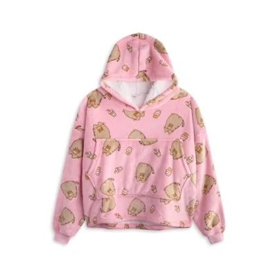 Image of Pusheen Girls Wearable Blanket Hoodie Kids Pink Hooded Pullover Character &amp; Food All Over Print Childrens One Size Sherpa Lined Loungewear with Pockets Internet Cat Merchandise Gift