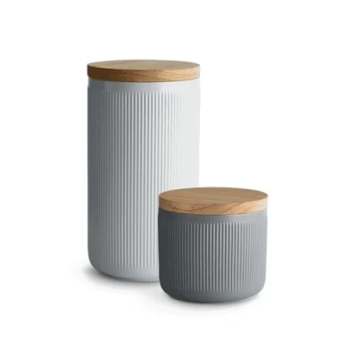 Image of Ceramic Storage Jar with Wooden Lid Misty Cliff, Air Tight Rubberwood Lid, Container 2 pcs. Set