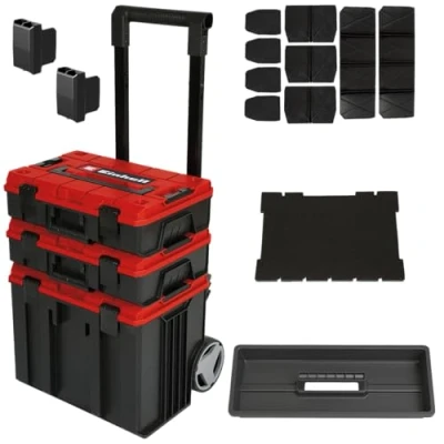 Image of Einhell E Case Tower Tool Storage System 3 Stackable Cases With Wheels And Telescopic Handle Power Box, Lockable, Protective Transport Of Tools Accessories