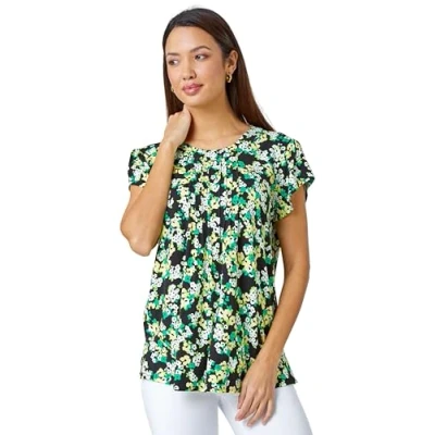 Image of Roman Originals Pintuck Blouse for Women UK Ladies Pleat Detail Top Pleated T Shirt Summer Spring Stretch Jersey Short Sleeve Smart Casual Special Occasion Holiday Work Green Size 12