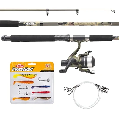 Image of Mitchell Tanager Camo, fishing Rod and Reel Combo, Spinning Combos, Allround Fishing, with line lures for trout perch, Unisex, Green camouflage, 2.1m