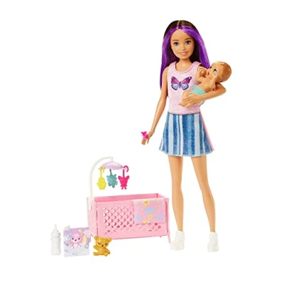 Image of Barbie Doll and Accessories, Crib Playset with Skipper Doll, Baby Sleepy Eyes, Furniture Themed Babysitters Inc., HJY33