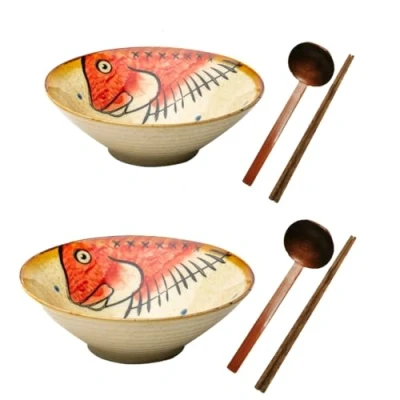Image of Ceramic Japanese Ramen Bowl Noodles Bowls for Soup Pho Udon Soba Salad Snack Cereal Dishes with Spoons Chopsticks 900ml Gift Set (Red Fish)