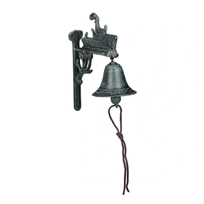Image of Relaxdays Cast Iron Door Bell, Antique Design, Hanging Doorbell with Ship, for Outdoors, Rope, Wall Mounted, Green, 24 x 10 16 cm