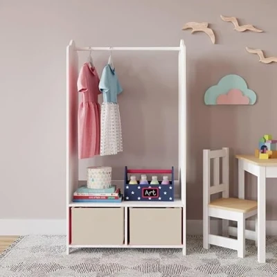 Image of URBNLIVING Kids MDF Wooden Hanging Clothes Rail Wardrobe Storage Shelves with Inserts Mirror Freestanding (Beige)