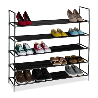Image of Relaxdays Shoe Rack, Metal Frame, Fabric Material Shelves, 5 Levels, HxWxD: 91 x 100 28 cm, 1m Wide, Black/Transparent, Fleece