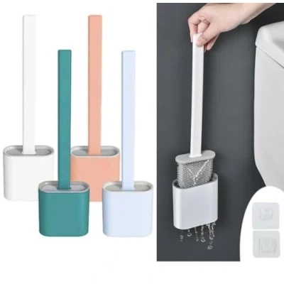 Image of Toilet Brush Bathroom Silicone Brushes and Holder Sets with No Slip Long Plastic Handle Soft Flexible Bristles holders Base for Anti drip (White) (Pink)