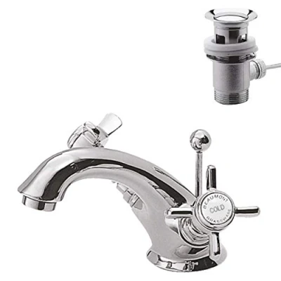 Image of nuie I305X Beaumont Traditional Bathroom Luxury Crosshead Handle Mono Basin Mixer Tap with Pop Up Waste, 112 x 62 197mm , Chrome