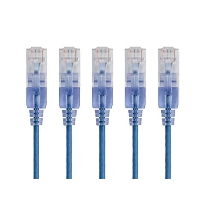 Image of Monoprice Cat6A Ethernet Patch Cable Snagless RJ45, 550Mhz, 10G, UTP, Pure Bare Copper Wire, 30AWG, 5 Pack, 1 Feet, Blue SlimRun Series