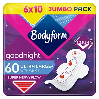 Image of Bodyform Ultra Goodnight Sanitary Towels with Wings, Period Pads for Night Use, 10 Count, Pack of 6