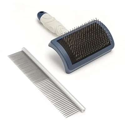 Image of Mikki Dog Puppy Stainless Steel Comb and Hard Pin Slicker Brush, for Cockapoos, Labradoodles, Cavapoos Golden Doodles Starter Set 2pcs, Blue, Grey,Small