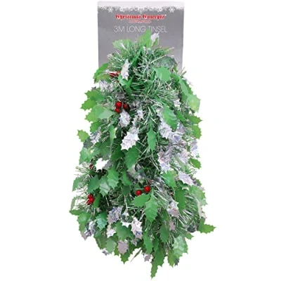 Image of Christmas Concepts® 3m / 9.8ft Chunky/Fine Tinsel Decoration (Green &amp; Silver Holly Berry)