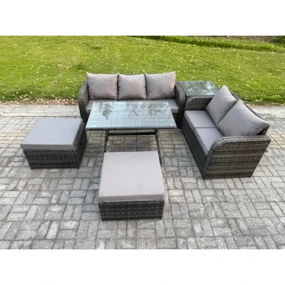 Image of Rattan Garden Furniture Dining Set 7 seater Patio Rectangular Table 2 Big Footstool Love Sofa Side Dark Grey Mixed Fimous