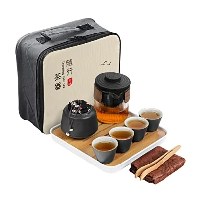 Image of fanquare Japanese Kung Fu Tea Sets for Adults, Black Traditional Chinese Set, Hot Travel with Teapot, Cups