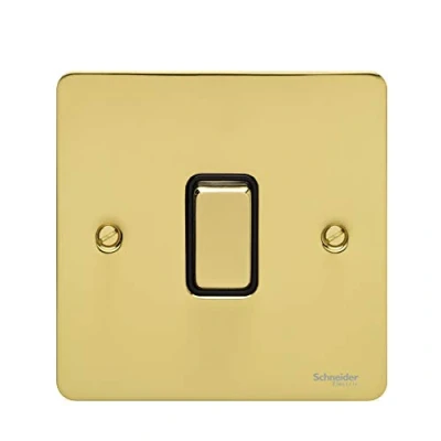 Image of Schneider Electric Ultimate Flat Plate Single Retractive 2 Way Light Switch, 16AX, GU1212RBPB, Polished Brass with Black Insert