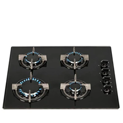 Image of SIA AMZGHG602BL 60cm 4 Burner Gas On Glass Hob In Black With Cast Iron Pan Stands 5 Year Guarantee