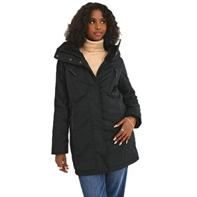 Image of Ladies Brave Soul Fishtail Fur Lined Parka Coat Placket Detail &amp; Waist Adjuster (L, Black)