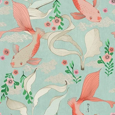 Image of Rasch Amazing Non Woven Wallpaper with Koi Carp in Rose Light Blue Water Textile Texture 10.05 m x 53 cm (L W) 539837