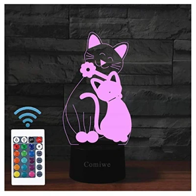 Image of Comiwe Cat 3D LED Illusion Night Light,16 Colours Change Smart Touch &amp; Remote Control,Home Decor Bedside Table Desk Lamp,Christmas Birthday Gift for Girls Boys Kids Adults Friends Family