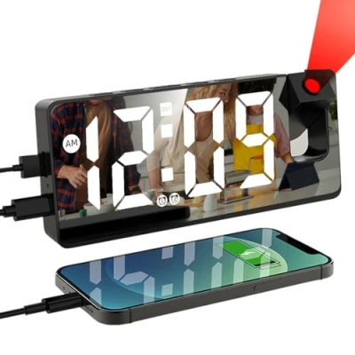 Image of 321Wasay LED Projection Alarm Clock, Projector Clock for Bedroom Ceiling, Clocks Bedrooms, Digital Bedside with Temperature (black USB cable)