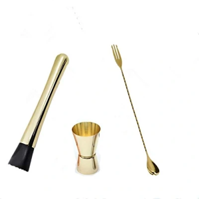 Image of Mojito Muddler kit Stainless Steel Cocktail Muddler, Twisted Mixing Spoon with Fork, Double Jigger Set, Bar Tool Essentials Professional Set (gold)