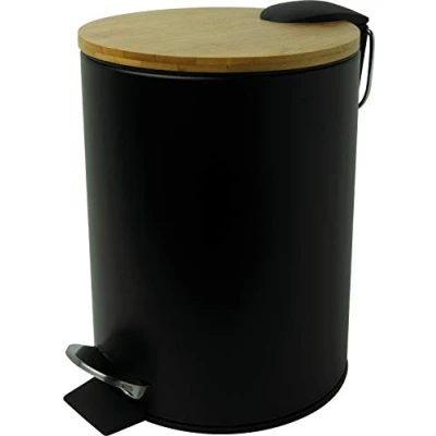 Image of Helit H2404495 Pedal Bin the Bamboo, 3 Litres, with Bamboo Lid, Metal Container, Quiet Closing, Black, Pack of 1