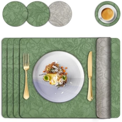 Image of Placemats and Coaster Sets 4, Dual Sided Leather Floral Place Mats 43x33 cm, Heat Resistant Non Slip Washable, Waterproof Kitchen Coffee Table for Home Dining Restaurant Hotel (Green Grey)