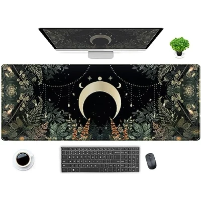 Image of Cute Green Forest leaves Desk Mat Whimsical Moon Mousepad XL Large Extended Gaming Mouse Pad with Stitched Edges, Computer Laptop Keyboard 31.5x11.8 in Non Slip Rubber Base
