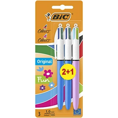 Image of Bic 883783 4 Colours Original and Fun Ball Pens Medium Point (1.0 mm) Blue, Green, Lilac, Lime, Turquoise, Pink, Red, Black, Purple, 3 Count (Pack of 1)