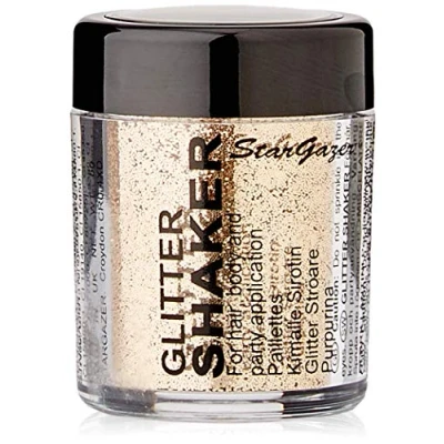 Image of Stargazer glitter Shaker, Gold. Cosmetic powder for use on the eyes, lips, face, body, hair and nails.