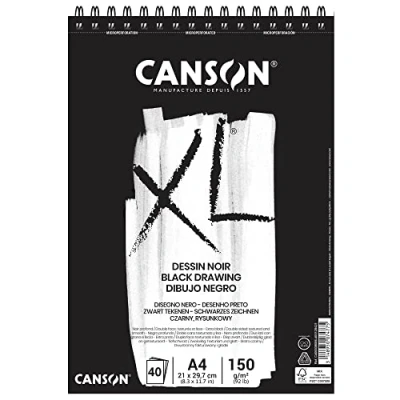 Image of CANSON XL Black Drawing 150gsm A4 Paper, Double Sided: Grained &amp; Smooth, Spiral Pad Short Side, 40 Sheets, Ideal for Professional Artists Illustrators