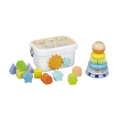 Image of Amazon Basics Wooden Shape Sorter and Rainbow Stacker Classic Baby Toy Set, Medium, Multicolor