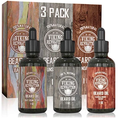 Image of Viking Revolution Beard Oil All Natural Variety For Men With Argan &amp; Jojoba Oils Bay Rum, Unscented, Sandalwood Softens, Smooths Strengthens Gifts 3 Pack, x 30 ml