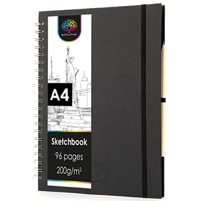 Image of OfficeTree Sketch Book A4 Spiral Bound Portrait 96 Pages 48 Sheets Sketchbook 200gsm White Blank Paper Watercolour Art Includes Pencil