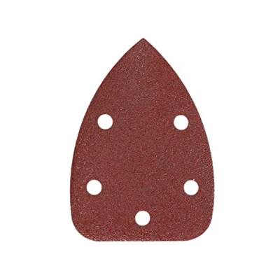 Image of Mirka Red Delta sanding Paper Wood Triangles Hook &amp; Loop / 100x140x140mm Adhesion 5 hole grit P60 pieces for wood, metal and plastic