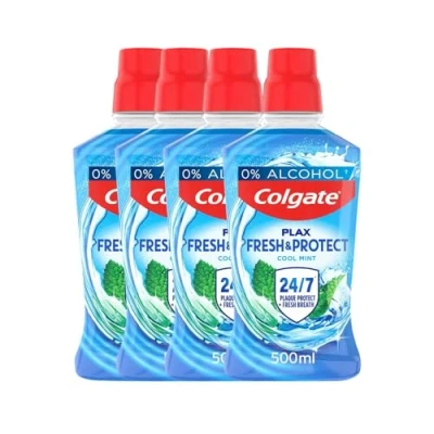 Image of Colgate Plax Mouthwash, Cool Mint Mouthwash with 24/7* Plaque Protection, Alcohol Free Mouthwash** Fluoride, Vegan Multipack, 4 Pack, 500ml Bottles