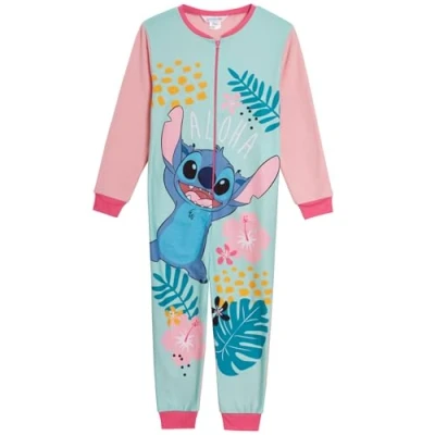 Image of Disney Stitch Onesie for Girls Fleece Pyjamas All in One Kids Pjs Zipped Loungewear Nightwear Pink