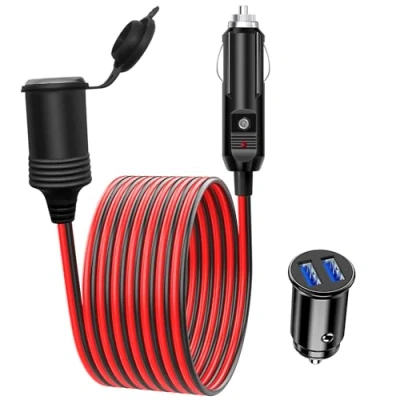 Image of Hoembpn 1.5M/4.9FT 17AWG Car Cigarette Lighter Extension Lead Cable LED with Fuse 15A, 12V/24V mini Dual USB Charger Socket Adapter Fast Camping Accessories Red