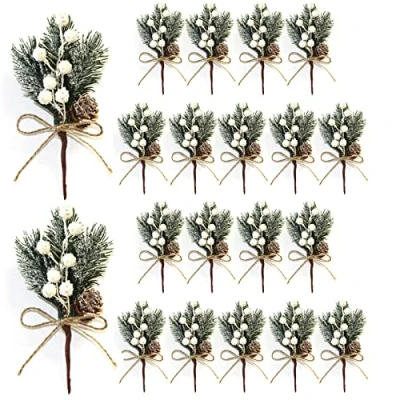 Image of HJHIWE White Berry Stems Pine Branches 20Pack, Christmas Picks Spray Artificial Cones Holly Stem Craft, Winter Holiday Floral for Xmas Garland Wreath Ornaments.