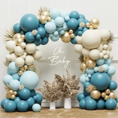 Image of Blue Balloon Arch Kit, Bluey Garland 131pcs Baby Blue, White and Gold Balloons, Retro Balloons for Shower Decorations Boy, Birthday Decorations, Graduation Space Party