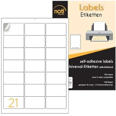 Image of NOTI 21 Labels per A4 Sheet, 100 Sheets 2100 Labels, Multi Purpose Self Adhesive Address Mailing Printer Sticker 63.5 x 38.1mm