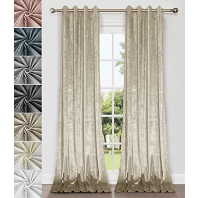 Image of Home Direct Pair of Crushed Velvet Curtains, Eyelet Ring Top, Unlined, Natural, 2 panels, 140cm x 240cm 55&quot; 94&quot;