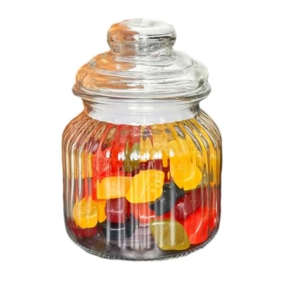 Image of Glass Sweets Jar 500ml Ribbed Airtight Lid Traditional Kitchen Storage Container