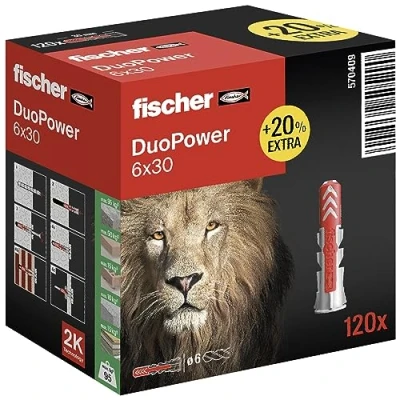 Image of fischer DuoPower 6 x 30 in an Attractive Lion Action Box, Universal Dowels, Powerful 2 Component Dowels for Mounting Concrete, Bricks, Stone, etc. with 20% More Content, Pack of 120