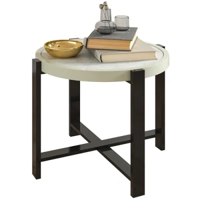 Image of Outsunny Round Small Garden Table, 60cm Outdoor Side Table with Faux Marble Tempered Glass Top, Aluminium Frame for Garden, Patio, Balcony, Light Grey