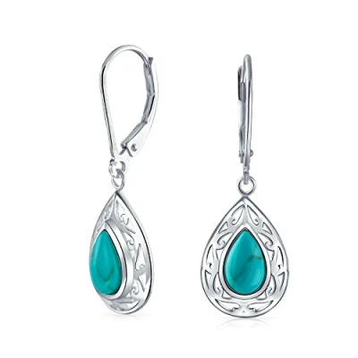 Image of Western Style Blue Stabilized Turquoise Pear Shaped Lever Back Scroll Filigree Teardrop Drop Dangle Earrings For Women .925 Sterling Silver