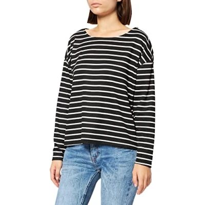 Image of ONLY Women&#039;s ONLBRILLIANT L/S Boatneck TOP JRS Blouse, Black/Stripes: Cloud Dancer, M